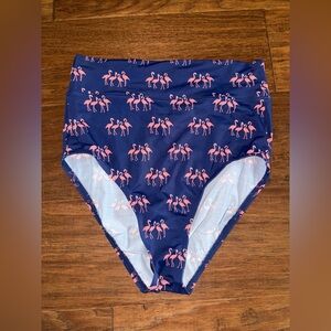 Navy High-Waisted Bikini Bottoms with Pink Flamingos